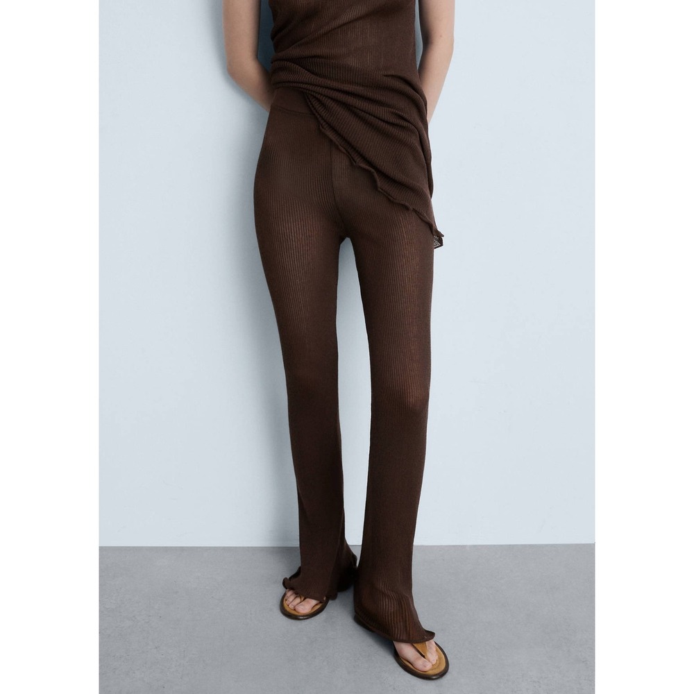 Mango MNG Brown Ribbed Knit Flare Pants Lettuce Hem Size Medium